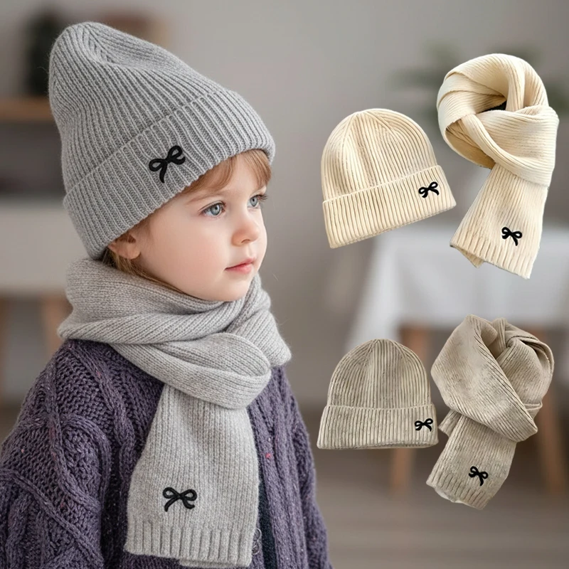 2PCS Korean Kids Knitted Hats Scarfs Suit Winter Children Beanie Soft Thicken Girls Boys Hat Cute Bow Embroidered Warm Cap