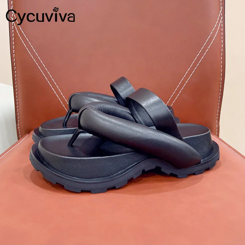 

New Thick Sole Flip Flops Leather Mules Slippers Women Summer Casual Flat Loafers Shoes Split Toe Outdoor Beach Walking Shoes