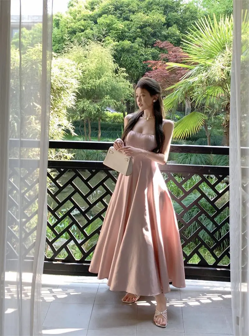 Elegant Satin Midi Dresses for Women Sleeveless High Waist Evening Party Dress A-line Prom Robe Korean Fashion Summer Vestidos