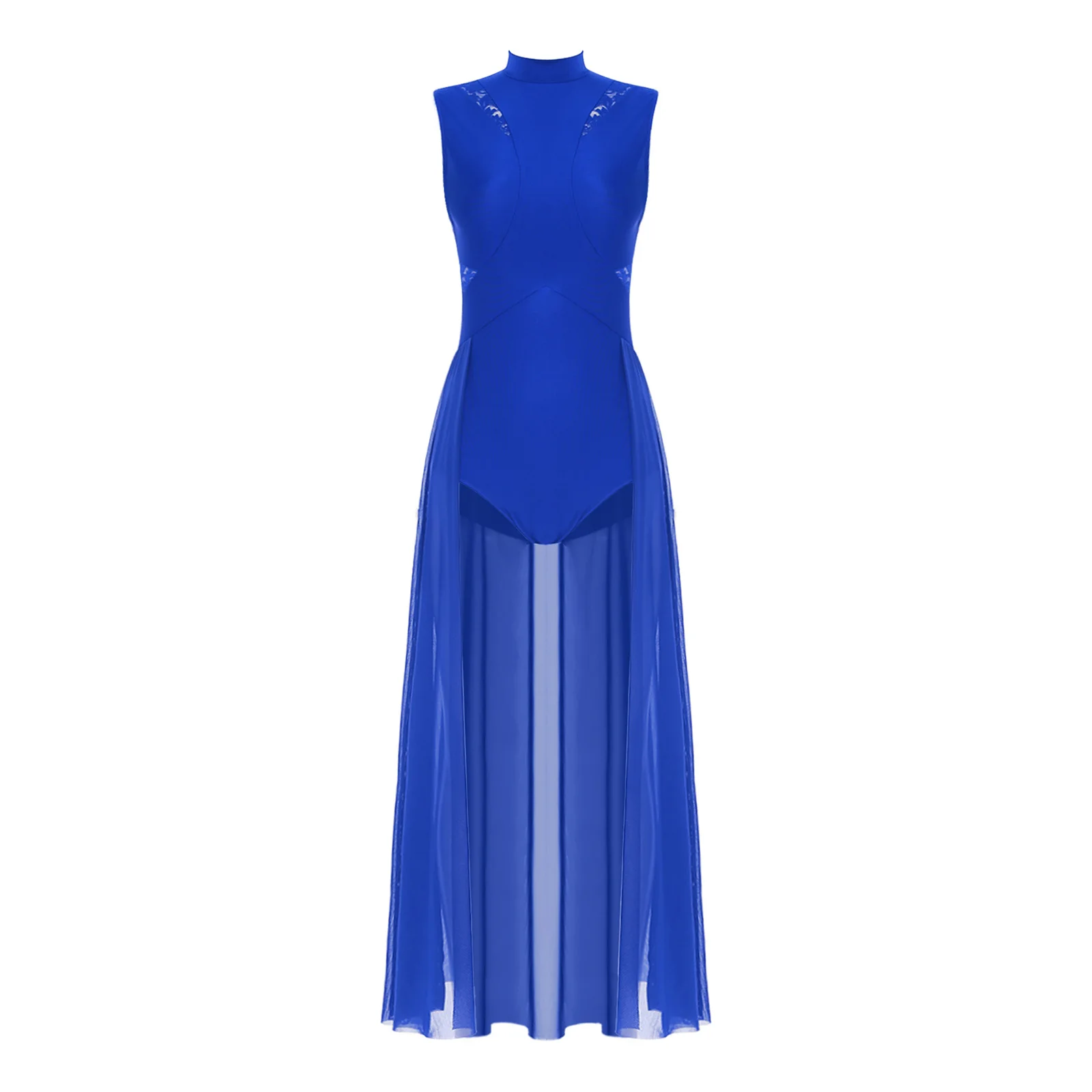 Lyrisches Tanz-Trikotkleid für Damen, Blumenspitze, Netzstoff, Spleißrock, Stehkragen, ärmellos, einteiliges Kleid, zeitgenössisches Tanzkostüm – Detail 5