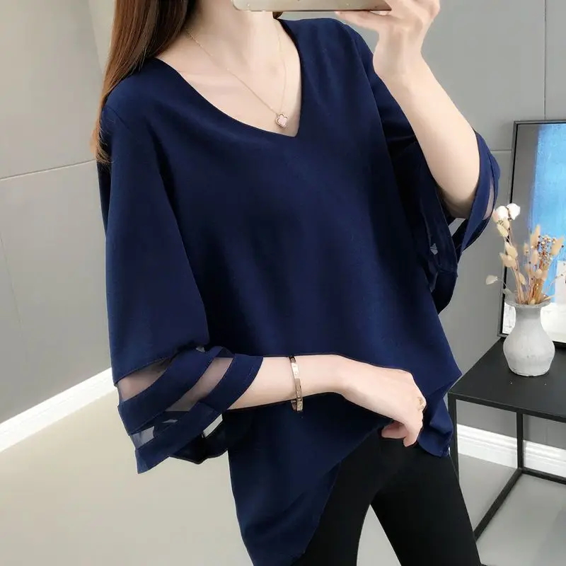 여성용 캐주얼 할로우 아웃 화이트 쉬폰 셔츠, 한국판 플레어 슬리브, 루즈한 오버사이즈 배를 덮는 상의, 여름 신상