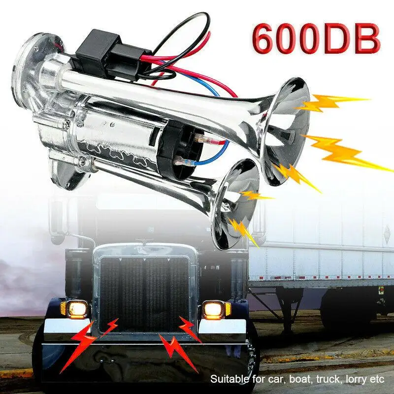 600db 12v Dual Trumpets Super Loud Car Electric Horn Truck Boat Train Horn Speaker Wires and Relay For Vehicle SUV RV Motorcycle
