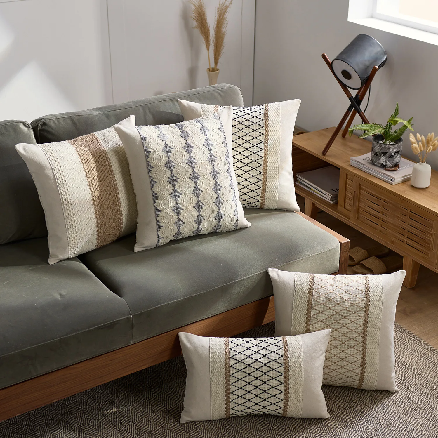Rustikaler Retro-Quadrat-Boho-Lendenwirbel-Kissenbezug, weiches Leinen, Bauernhaus-Kissenbezüge, neutrales Sofa, Wohnzimmer, Zuhause, dekorativ – Detail 2