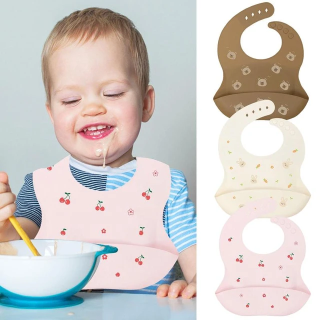 Juego de 3 baberos de silicona para bebés y niños pequeños, sin BPA,  unisex, suaves y ajustables, baberos de alimentación impermeables