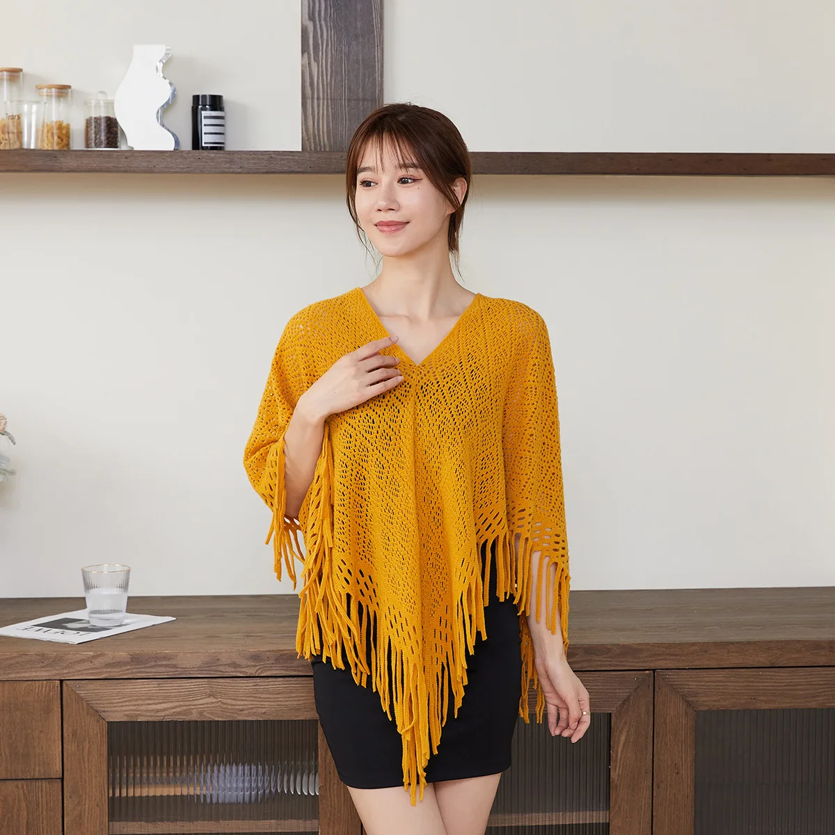 

Spring/Summer Womens Hollowed-out Fringe Coat Shawl Cape Scarf