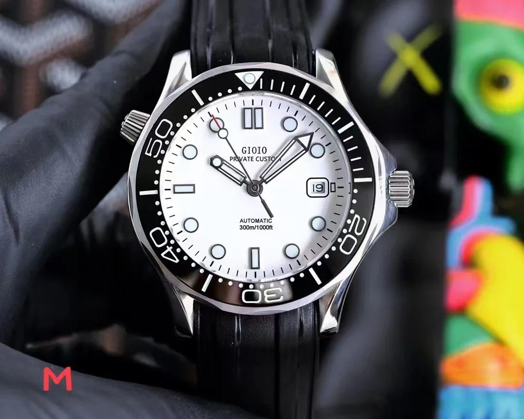 

Luxury Mens Automatic Mechanical Calendar Watch Luminous Black Blue Rubber Strap Ceramic Bezel White Dial
