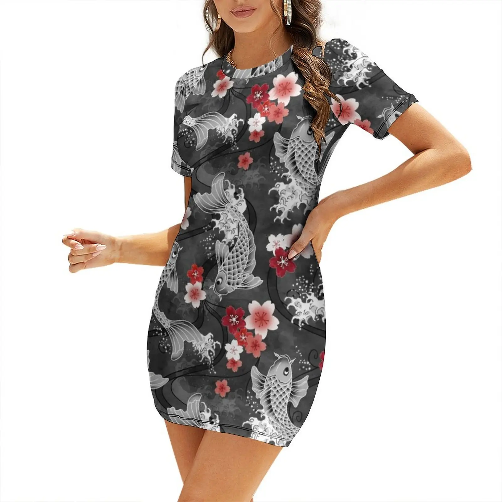 

Koi sakura blossom in black Short Sleeved Dress Women's evening dress Clothing female women long dresses