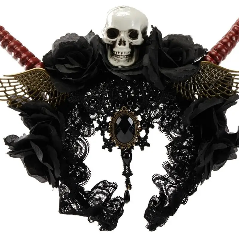 39BD Horn handgefertigte Tier-Gothic-Stirnbänder, dunkler Spitzen-Haarreifen für Live-Shows – Detail 8
