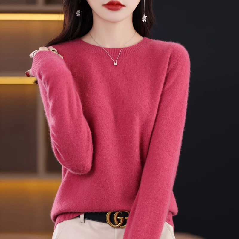 100% Pure Wool Women's Sweater O-Neck Knitted Pullover Cashmere Long Sleeve Underlay Korean Fit Fashion Women's Top 4