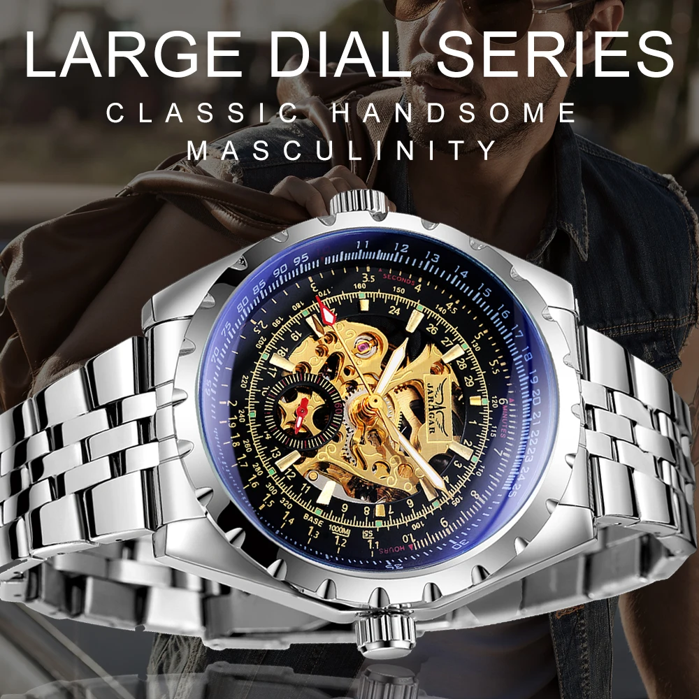 Luxury JARAGAR Men's Skeleton Mechanical Watch with Luminous Hands and Leather-Steel Strap