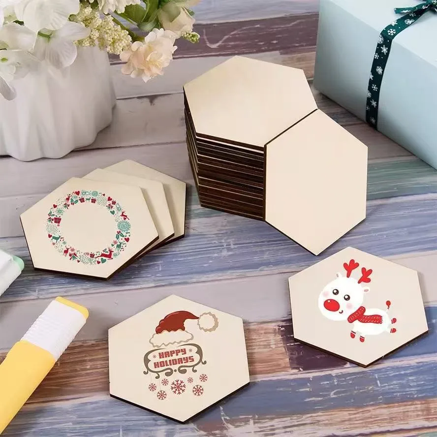 50/100개 육각형 나무 블랭크 미완성 목재 DIY 공예품 페인팅 스테인링 코스터 휴일 축제 벽면 홈 데코