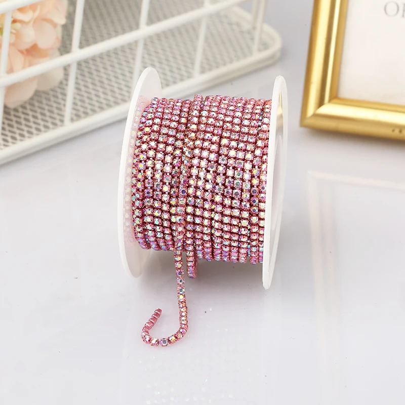 PEESOM SS6 2mm Crystal Rhinestone AB Cup Chain With Colorful Claw Sew On Glass Rhinestone Trim Chain Strass Banding for DIY