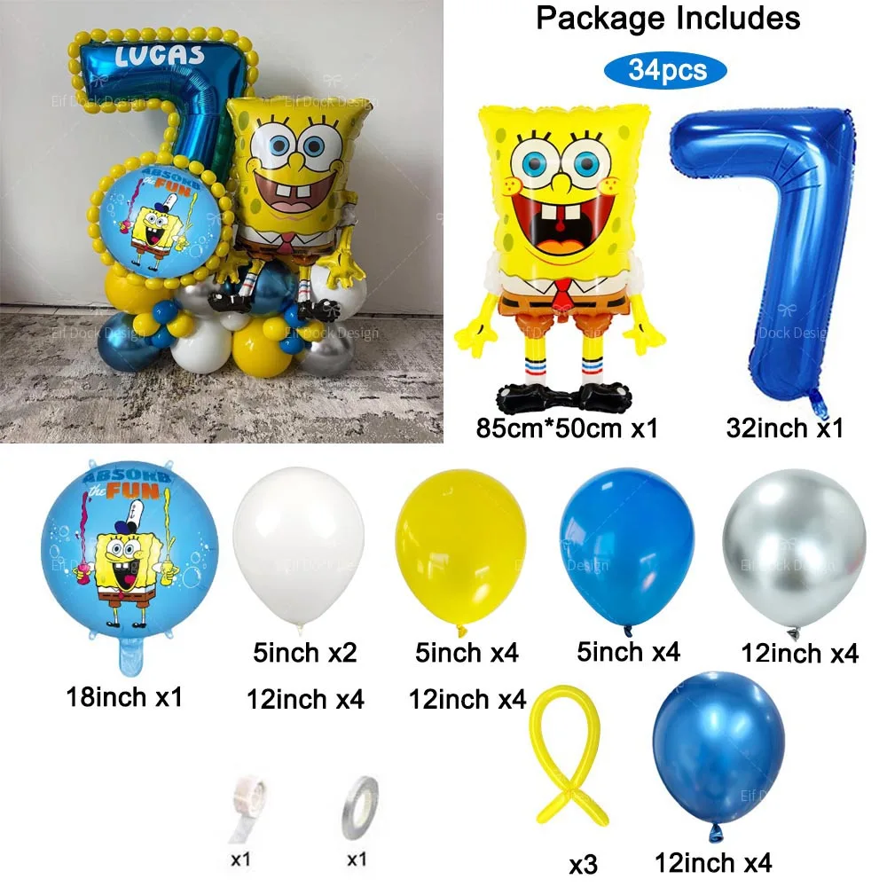 34 Stück SpongeBob Schwammkopf Thema Ballons Blaue Zahl Folie Geburtstag Party Ballon Zubehör Kinder Baby Dusche Dekorationen Geschenke – Detail 6