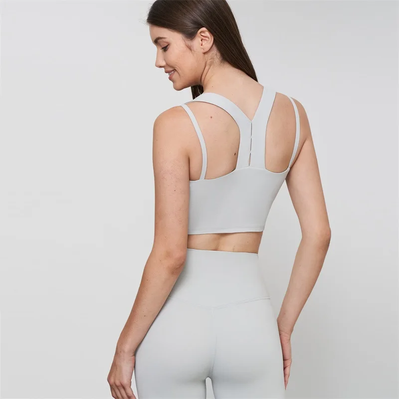 Solid Color Square Collar Women Fitness Bra Tank Tight Yoga Vest Sports Crop Top With Chest Pad Comprehensive Training Jogging