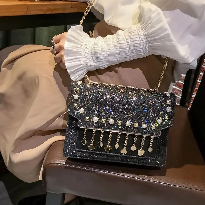 JIAERDI Sequin Fringe Gemstone Inlay Shoulder Bags Women Vintage Harajuku Large Capacity Crossbody Bag Ladies Y2k Underarm Bag