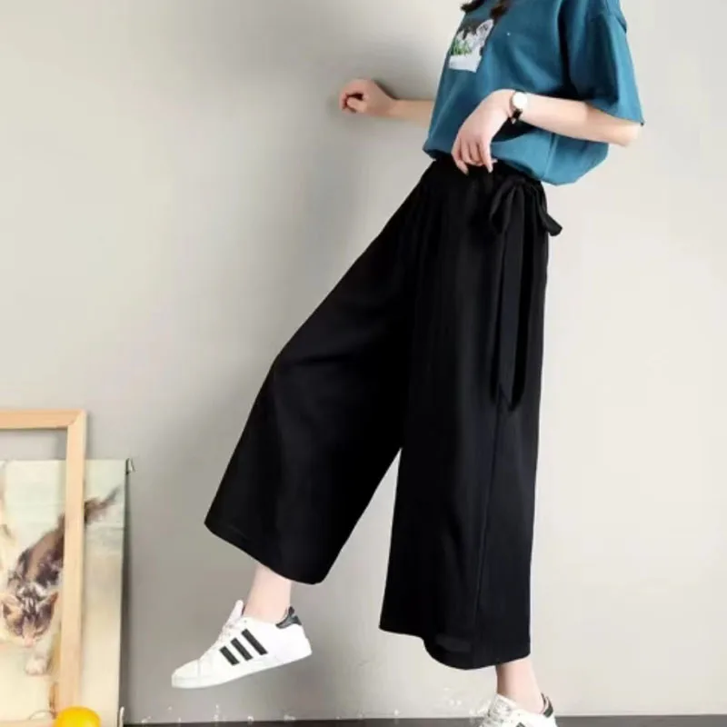 

Korean Style Streetwear Loose Straight Pants Woman Harajuku High Waist Lace-Up Black Trousers Casual Daily Womens Wide Leg Pants