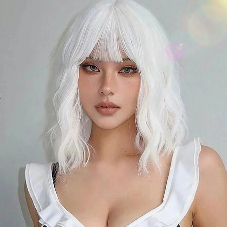 Short Wig White Short Curly Synthetic Wig with Bangs glueless Bob Wigs for Women Girl Hair 14inch Resistant Wigs Lolita Wig