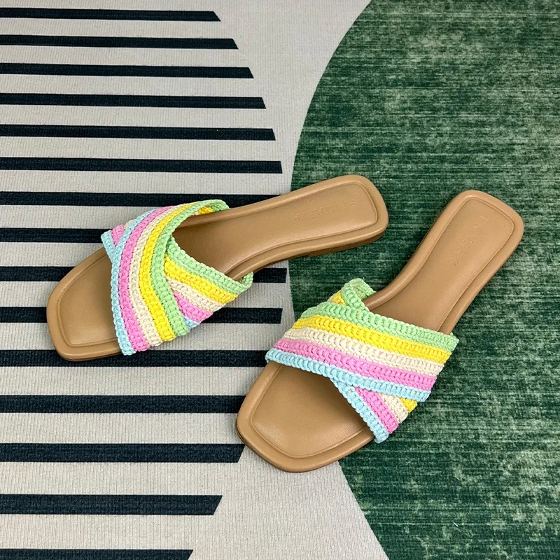 

Women's Outside Slippers Brand Flat Woman Slides Shoes Fashion Rainbow Cross Woven Soft Outdoor Ladies Summer Beach Slides