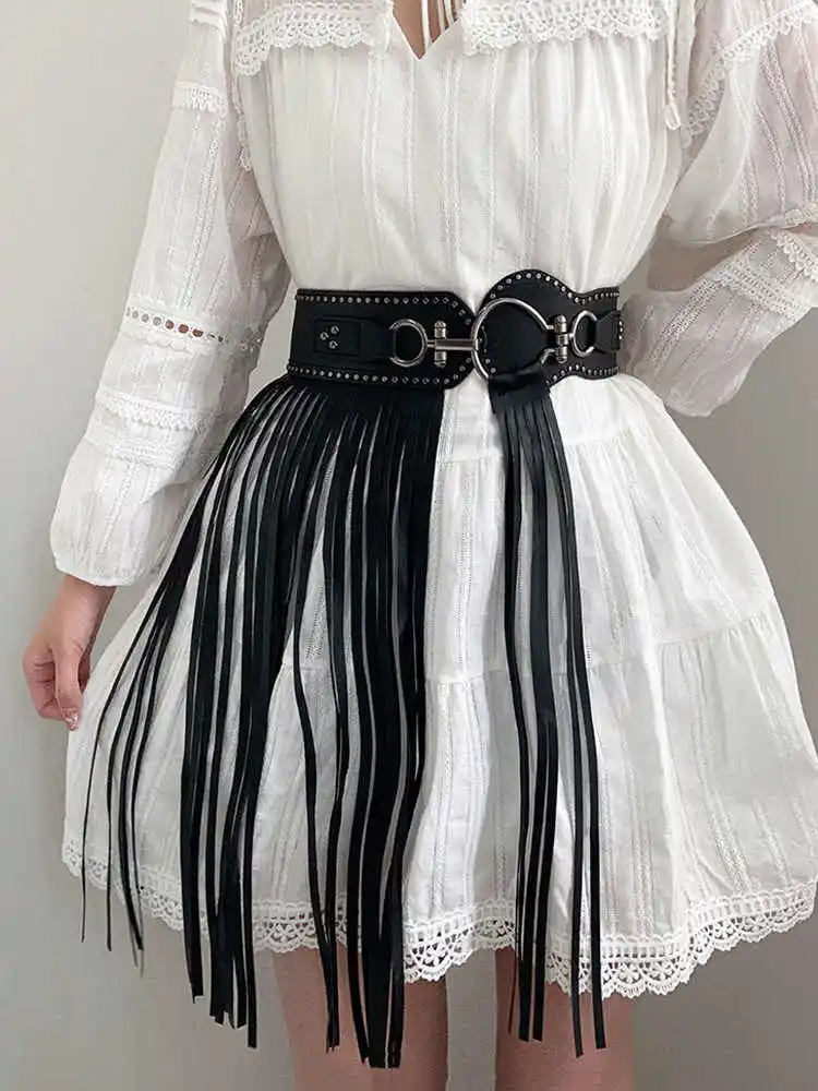 Euro-American punk style long tassel waist cincher women's individuality matching skirt wide waist belt subculture design sense womens dress belt pearl waist belt