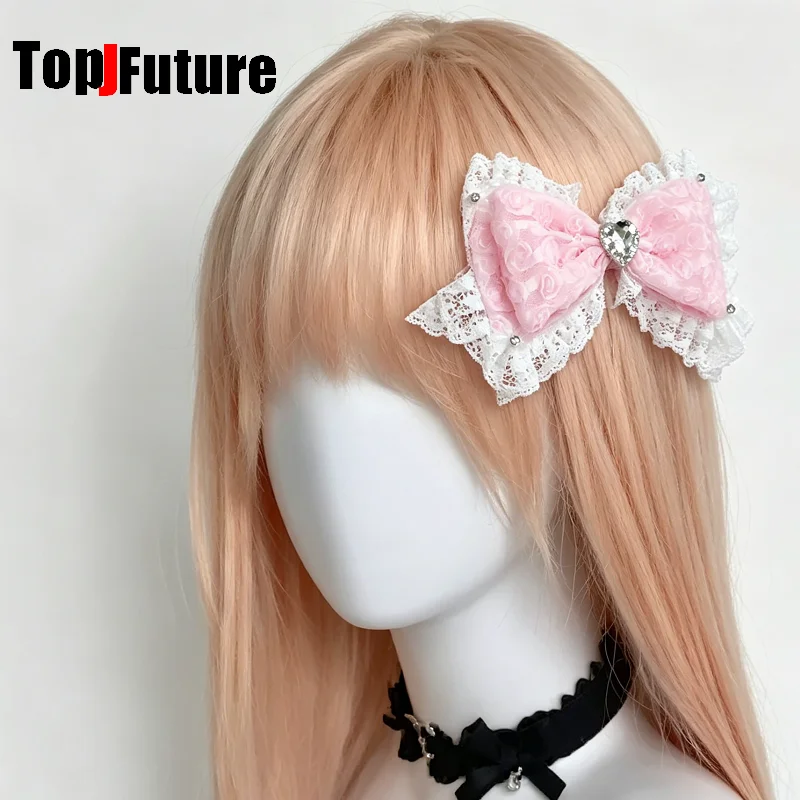 Fermagli per capelli stile Hime Y2K, fiocco in pizzo rosa con volant, accessori per capelli Hime Gyaru, fermagli per capelli da ragazza subculturale, copricapo Lolita - immagine 2