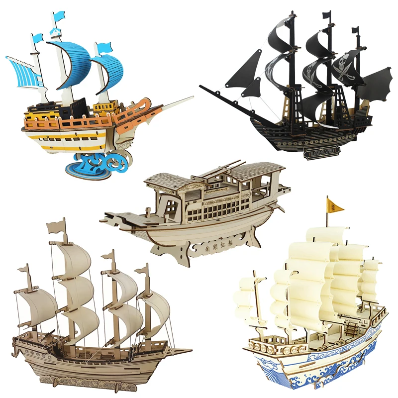 

3D Wooden Puzzle Sailing Ship Boat Building Model Jigsaw DIY Educational Car Toys For Children Kids Gift