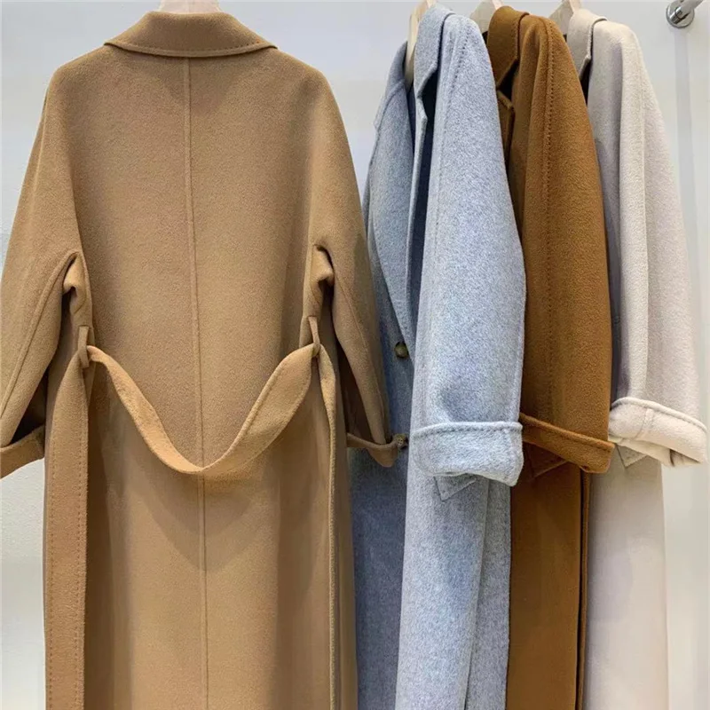 Vintage Handmade Double-sided Cashmere Coat Women Long High-end Wool Warm Jacket Winter Lapel Lace-up Outerwear