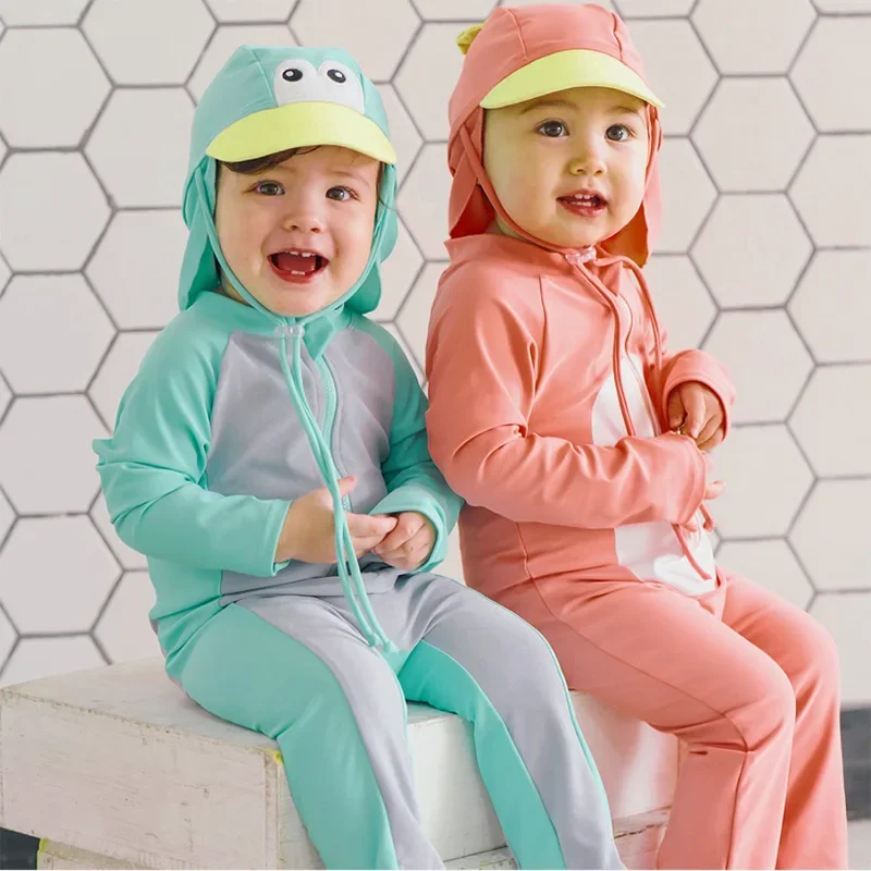 

1-7 Years Baby Kids Swimwear One-piece Boys Surfing Suits Cartoon Cute Baby Girls Bathing Suits Long Sleeve Sunscreen Swimsuit