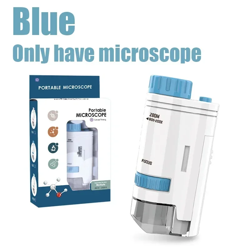 Microscopio de bolsillo para niños de 60 a 200 aumentos con luz LED, portátil, eléctrico, minimicroscopio científico de alta definición para exteriores