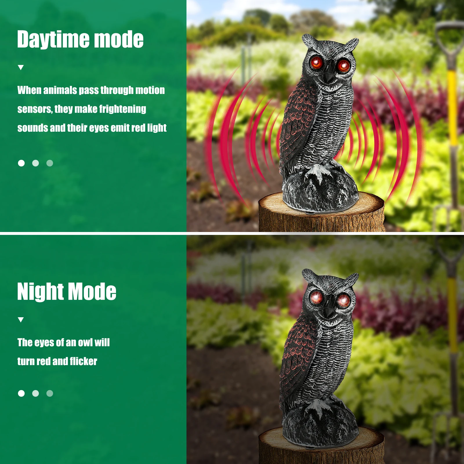 Description Picture 4 of itemBird Repeller Realistic Owl Waterproof Solar Fake Owl Decoy Frightening Fake Owl Scare Bird Control Devices with Rotating Head