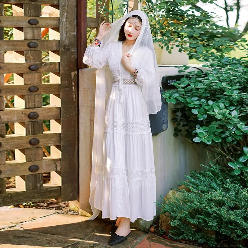Bohemian White Beach Dress Women Elegant Party Dresses Spring Auutm V-neck Sexy Hollow Out High Waist Long Robe Vestidos