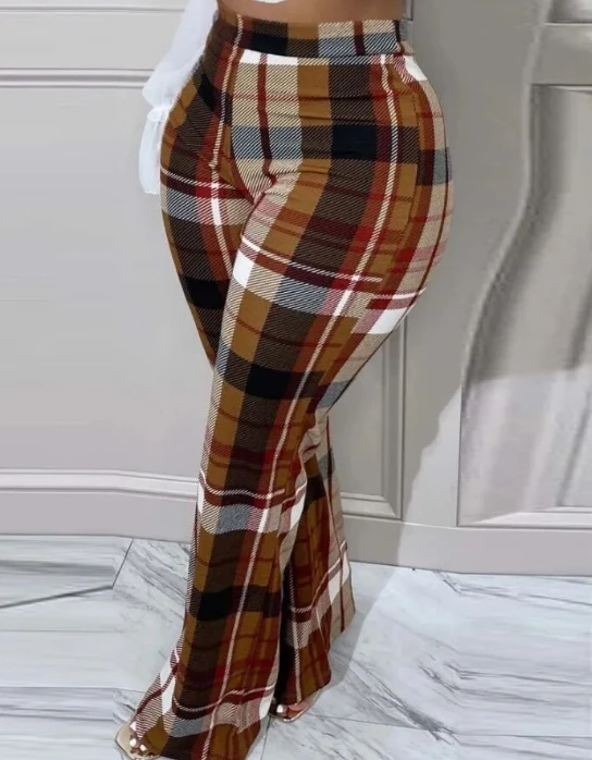 Women's Fashion Trousers 2024 Spring Summer Latest Commuter High Waist Checkered Print Casual Daily Versatile Wide Leg Pants