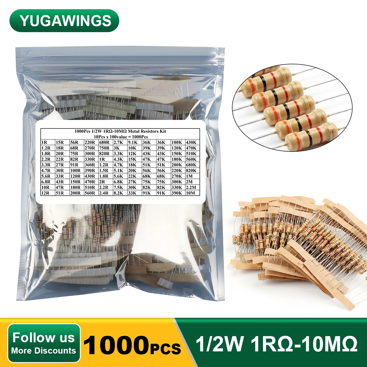 1000Pcs Carbon Film Resistor Kit 1/2W 1RΩ-10MΩ 100Value x 10Pcs Color Ring Resistors Assortment Kit 5% Resistance Set 20pcs 1w carbon film resistor 2 4 2 7 3 24 27 30 240 240 300 ohm r k 5% resistance 2r4 2r7 27k 3r 30r 300r 3k 30k 300k 0 1r 3m