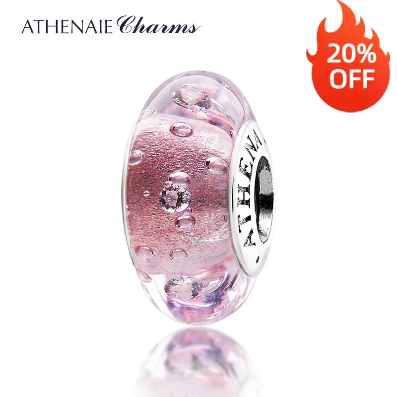 ATHENAIE Genuine 925 Silver Core Murano Glass Beads  Effervescence Clear CZ Charm Bead Fit European Women Bracelet Color Pink