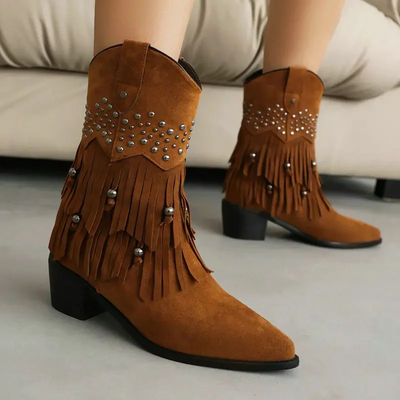 

Vintage Retro Women Winter Shoes Western Cowboy Riding Chelsea Boots With Tassels Fringes And Beads Slip-on Chunky Heels Boot