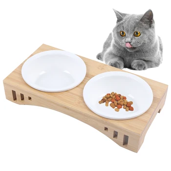 Cat Bowl Feeding And Water Double Bowls Feeding Station Non-Slip Cat Accessories With Raised Bamboo Stand 3