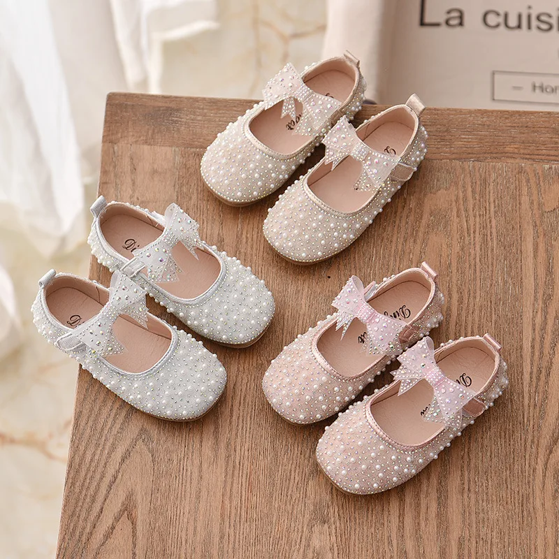 2023 New Girl's Princess Shoes Children's Fashion Bow Rhinestone Sequin Kids Shoe Baby Girls Party Student Flat Leather Shoes 3