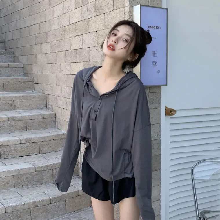 Sports Long-sleeved T-shirt for Women Autumn Winter White Bottoming Shirt New Solid Color Gym Running Clothing Hooded Top