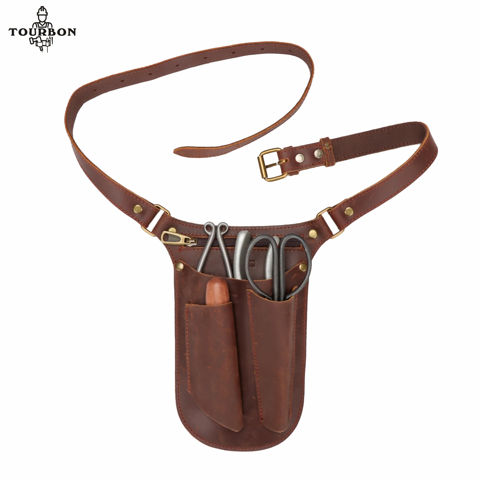 Tourbon Leather Gardener Carry Pouch Florists Tool Belt Bag Gardener Holster Carpenter Holster 4 Pockets Adjustable Brown