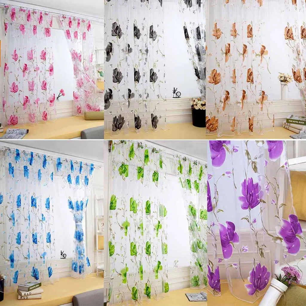 1 PCS Vines Leaves Tulle Door Window Curtain Drape Panel Sheer Scarf Valances Colorful Floral Pattern Transparent Curtains