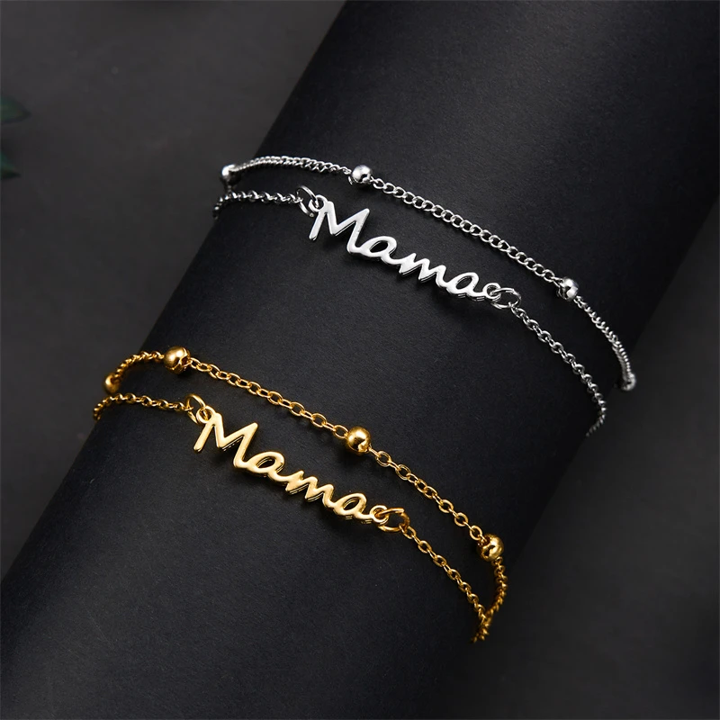 

Simple Letter Mama Charm Bracelet for Women Metal 3 Colors Double Layer Chain Bangle Fashion Jewelry Mother Day Wrist Gift