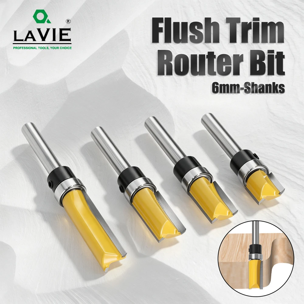 LAVIE Fräser-Set, 6 mm Schaftdurchmesser, 1/4" Schaft, gerader Fräser mit Lager, zum gleichmäßigen Anschneiden, zum Anfasen von Holzkanten und zum Profilieren.