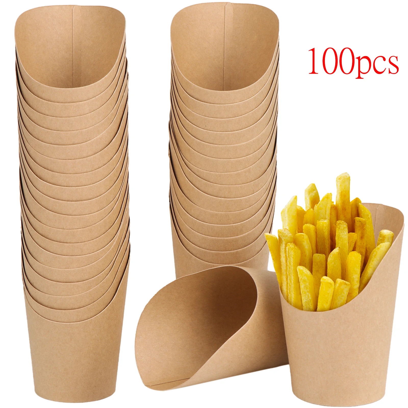 

100 Pcs Fried Food French Fries Holder 14oz Disposable Slanted Fries Cups Kraft Paper Cups Fast Food Takeaway Packing Boxes