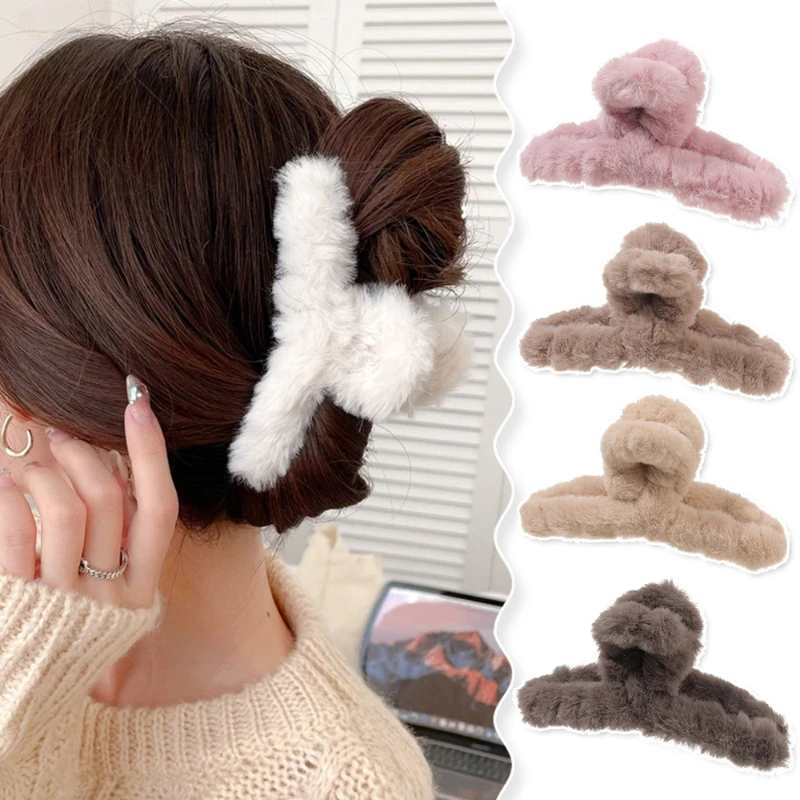 

Large Size Hair Clips Winter Plush Hair Crab Claws Women Headwear Hairpins Solid Color Ponytail Shark Barrettes Accessories