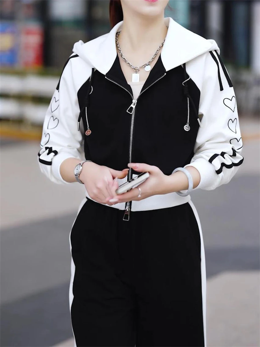 Casual Side Stripe Loose Patchwork 2 Piece Sets Korean Hooded Short Jacket Coat Tracksuit Wide Leg Pants Spring Fall Lady Outfit