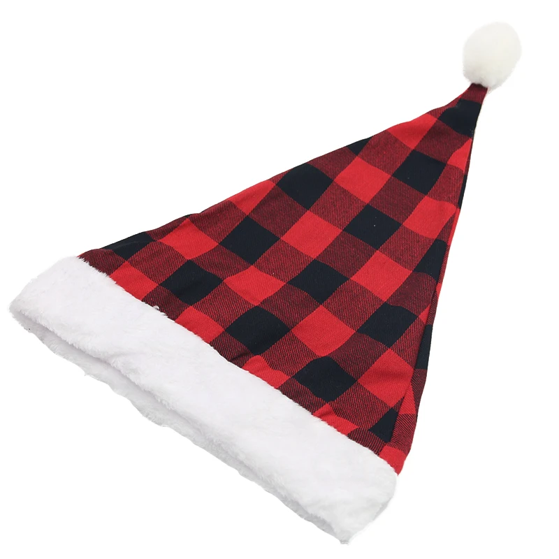 (1 Pcs/bag)28cm Checkered Christmas Hat Plush Edges Christmas Decoration Children Cute Adults New Year's Photo Atmosphere