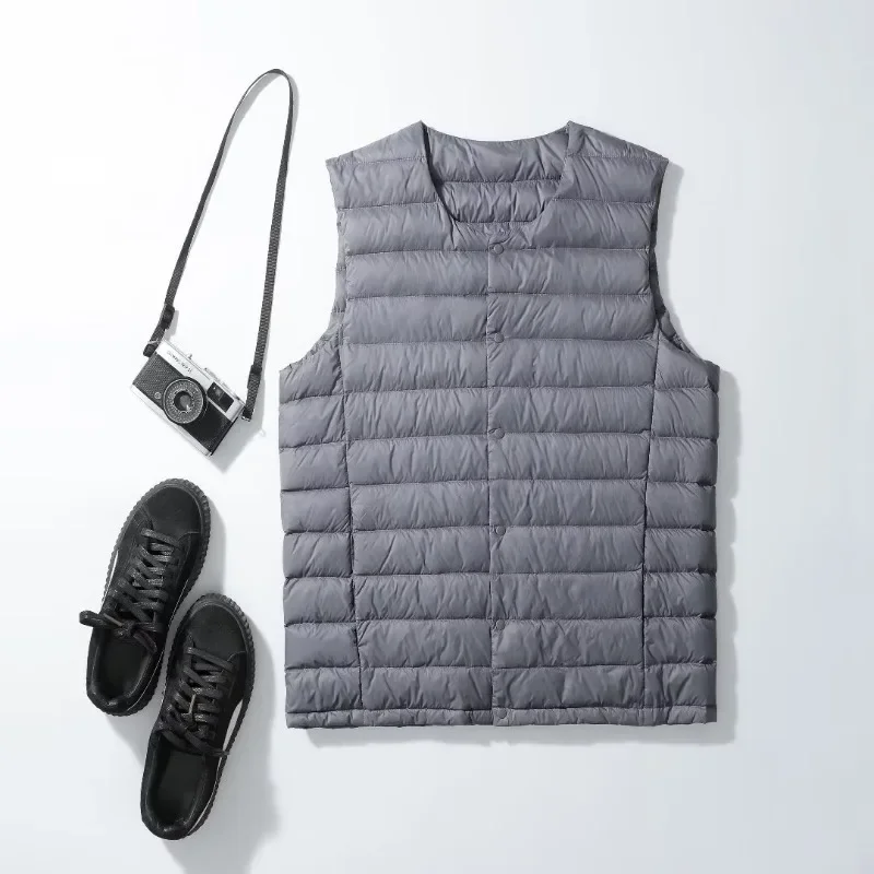 남성용 민소매 다운 라이너 조끼 2023 새로운 가을 겨울 초경량 Packable 따뜻한 화이트 오리 다운 남성 조끼 자켓