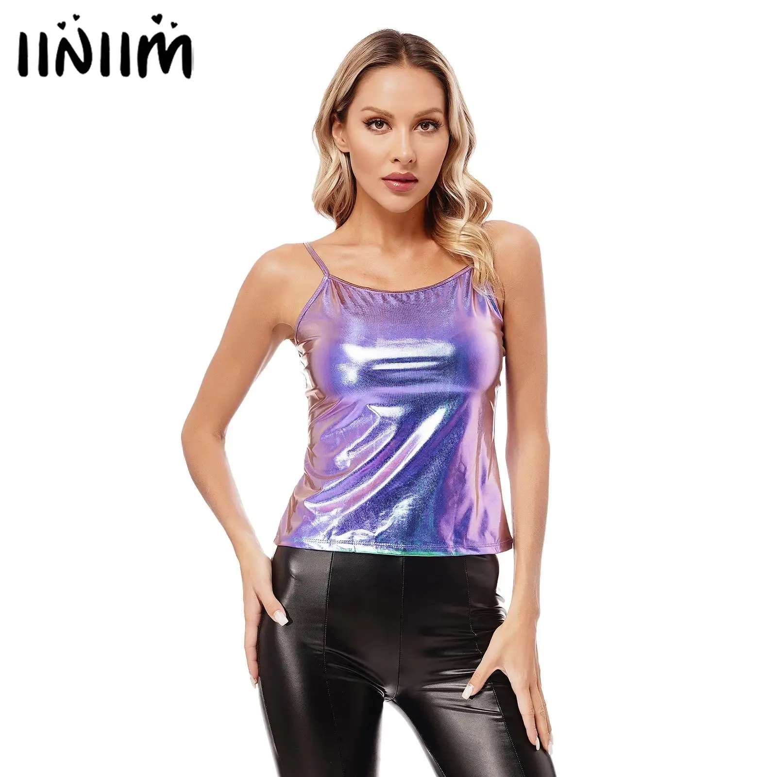 

Womens Spaghetti Straps Shiny Metallic Shiny Camisole Tank Top for Pole Dance Competition Stage Performance Club Festivals Vest