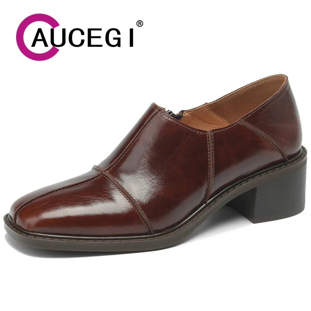 

Aucegi 2024 Spring Autumn New Arrive Dress Office Women Pumps Genuine Leather Zipper Square Toe Chunky Heels Single Shoes