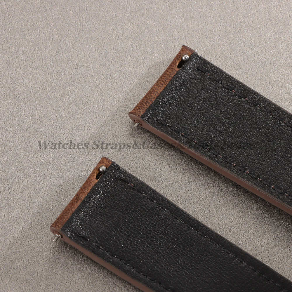 Vintage-Style Crazy Horse Leather Watch Strap with Butterfly Buckle and Timeless Stitching