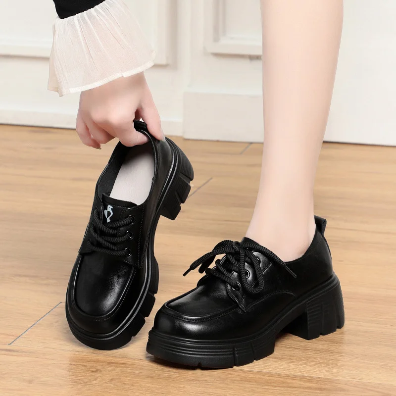 Thick-Soled Loafers For Women In Spring And Autumn New Lace-Up Thick Heel Deep Mouth Women's Singles College Style Leather Shoes - Image 4